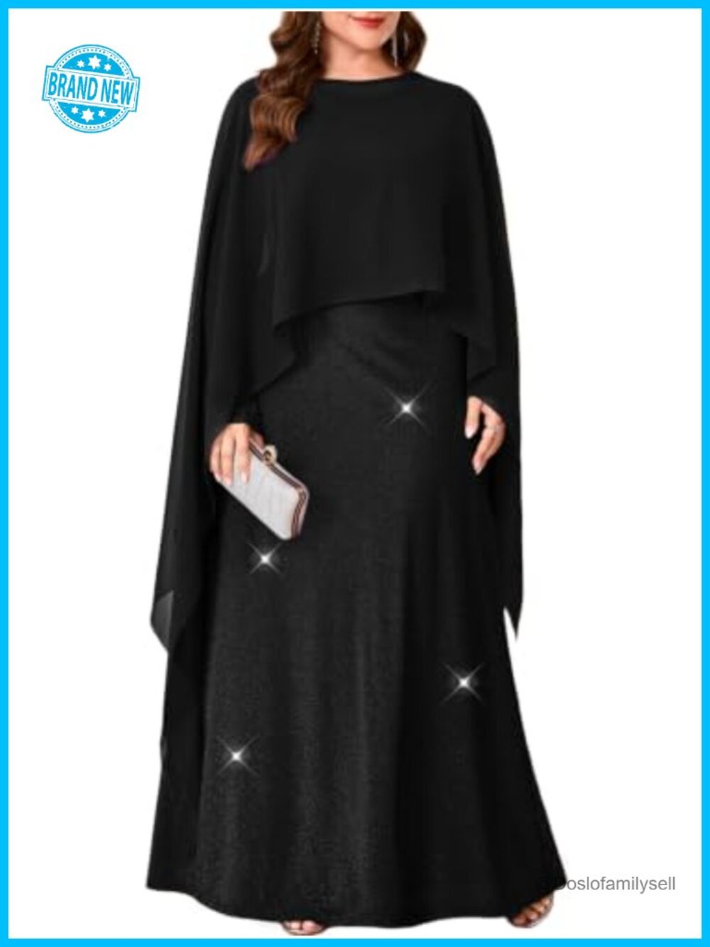 Sassique Plus Size Sparkly Formal Maxi Dress Chiffon Cape Evening Gown